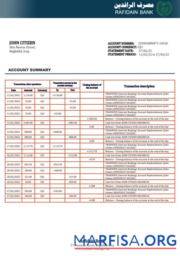 Printable Iraq Rafidain proof of address bank statement word real example